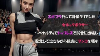 A female kickboxer takes off her sports bra to clear the weigh-in, participates topless in a penalty match, and cries after losing, exposing her pussy to the audience.