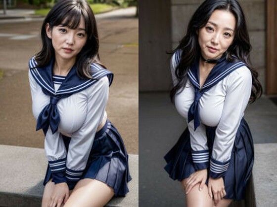 “Real/live-action” photo collection of clothed breasts and cleavage of black-haired mature married women in their 30s/40s/50s with regular to big breasts wearing sailor suits